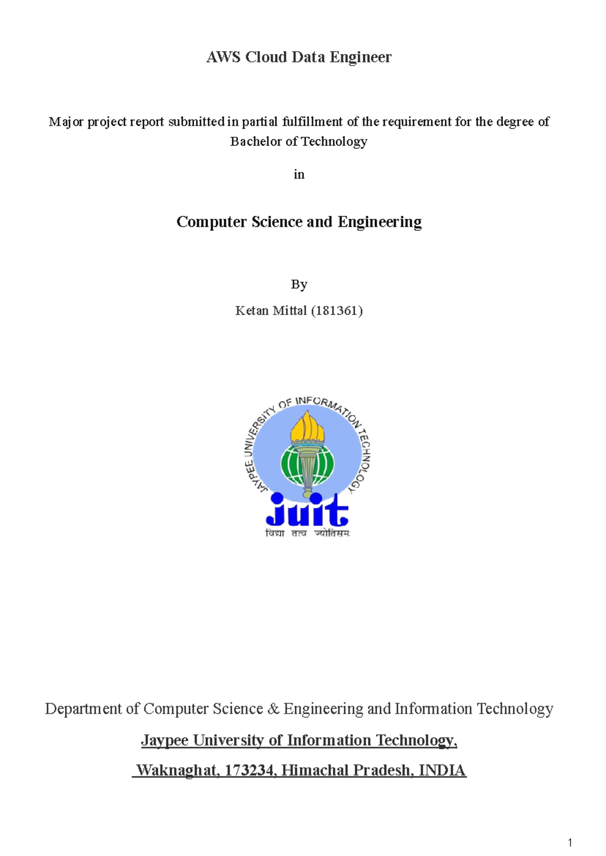 AWS Cloud Data Engineer Project Report for B.Tech in CSE - Studocu