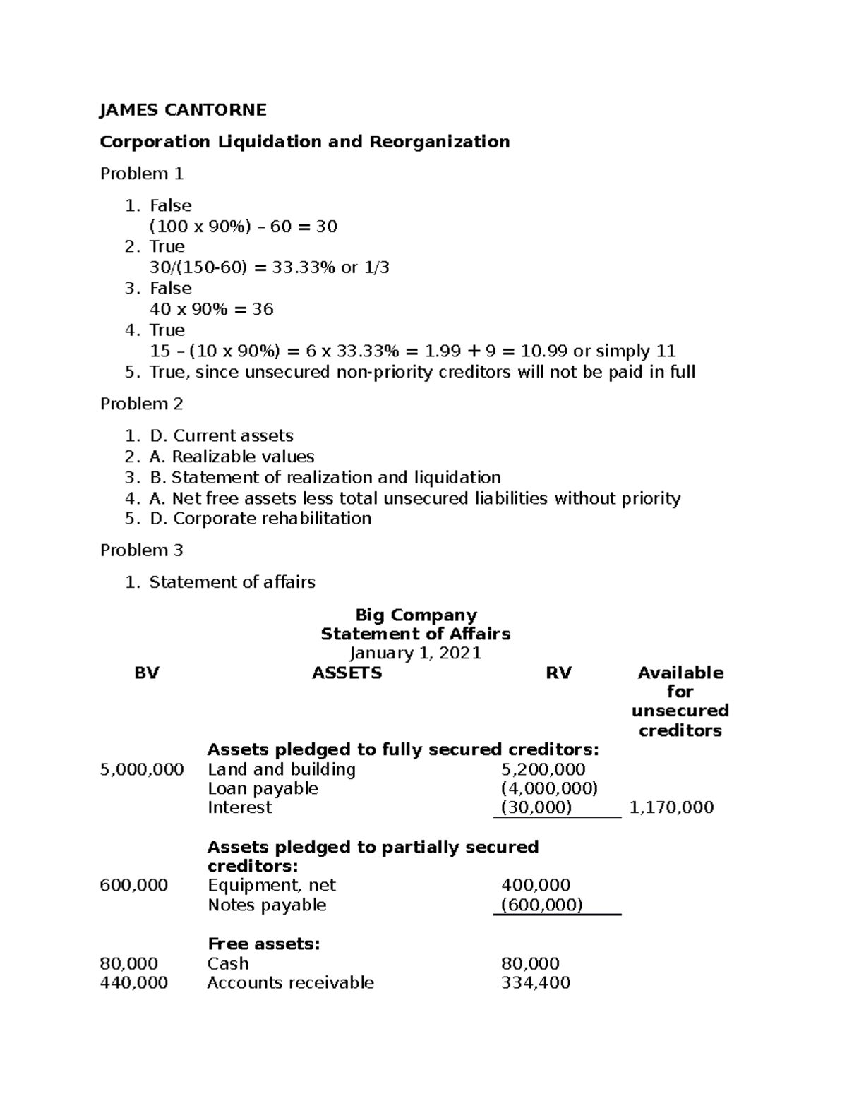 Corporate Liquidation - Accounting for Special Transactions - BS ...