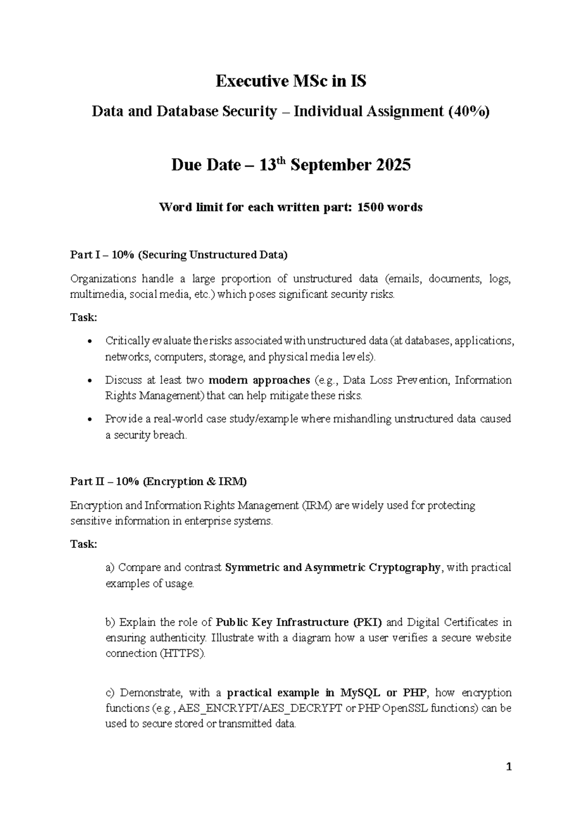 Executive MSc in IS: Data & Database Security Assignment DDS 23 - Studocu