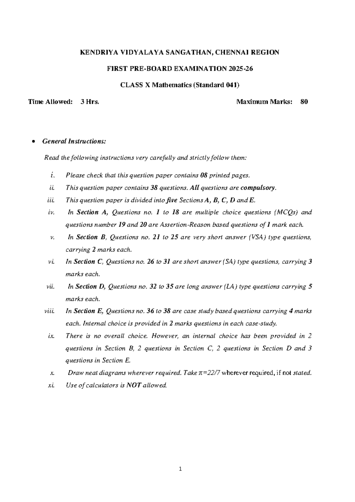 X Maths SET-1 Standard (041) First Examination Question Paper - Studocu