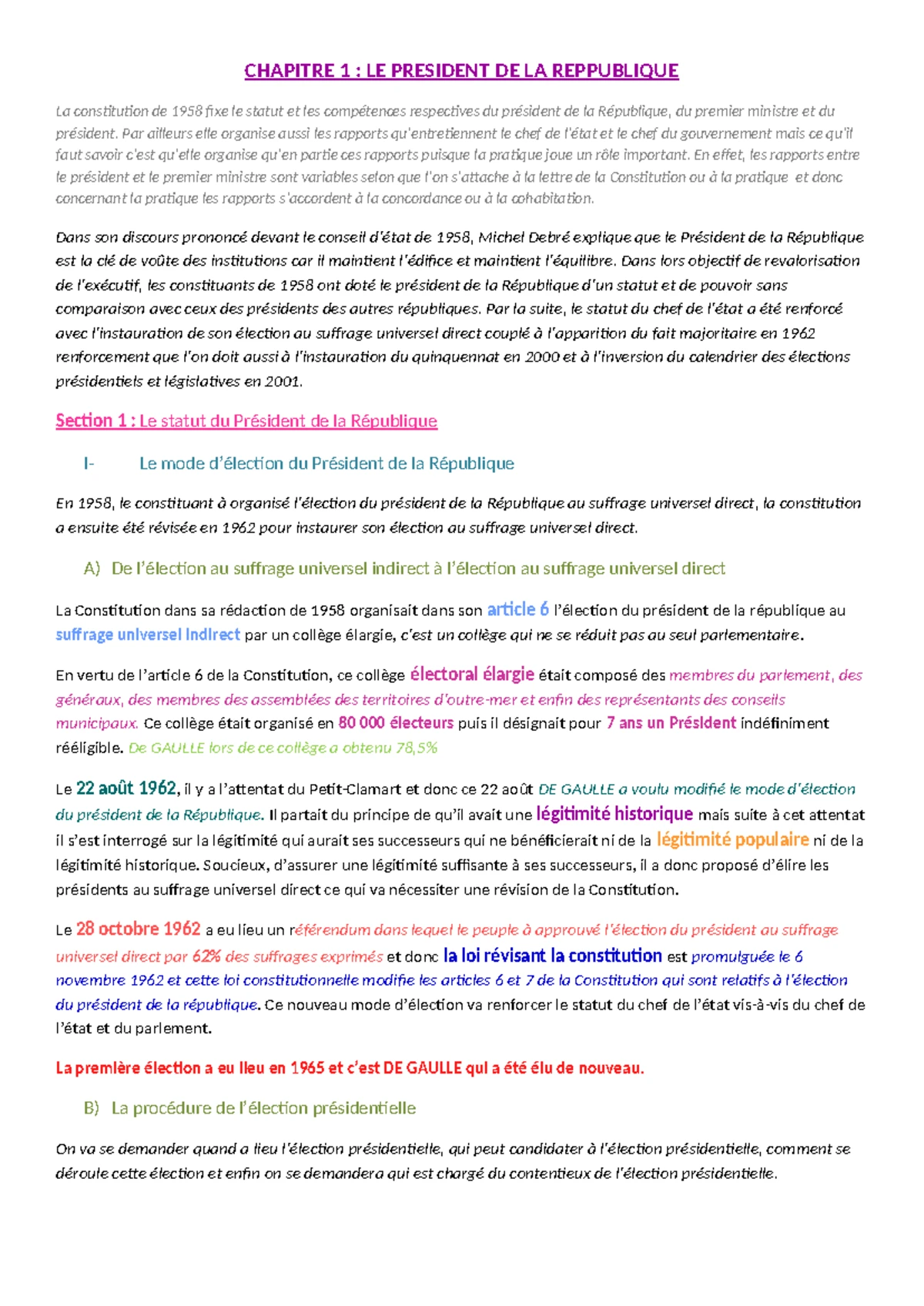 Chapitre 1 - Le Statut et les Compétences du Président de la République ...