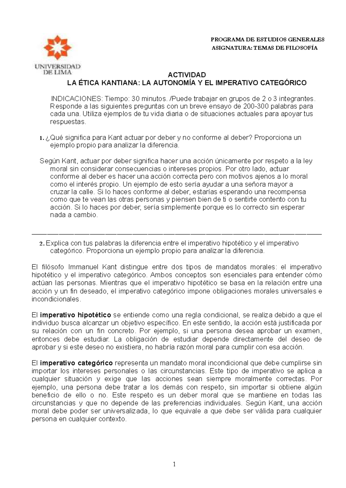 Actividad Semana 9: Ética Kantiana - Autonomía e Imperativo Categórico ...