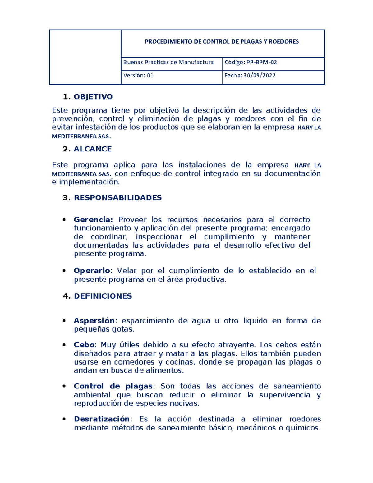 PR-BPM-02 - Programa de Control de Plagas para HARY LA MEDITERRANEA ...