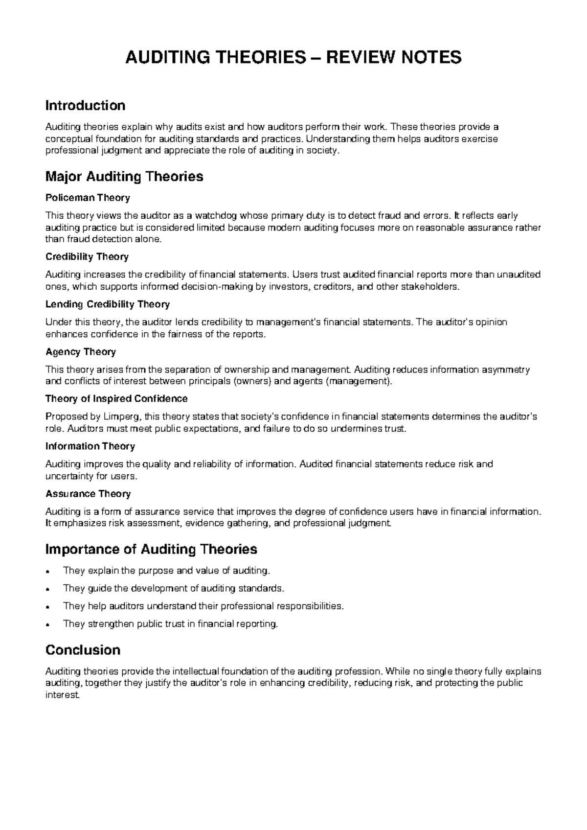 AUD 101: Auditing Theories Review Notes for Final Exam - Studocu