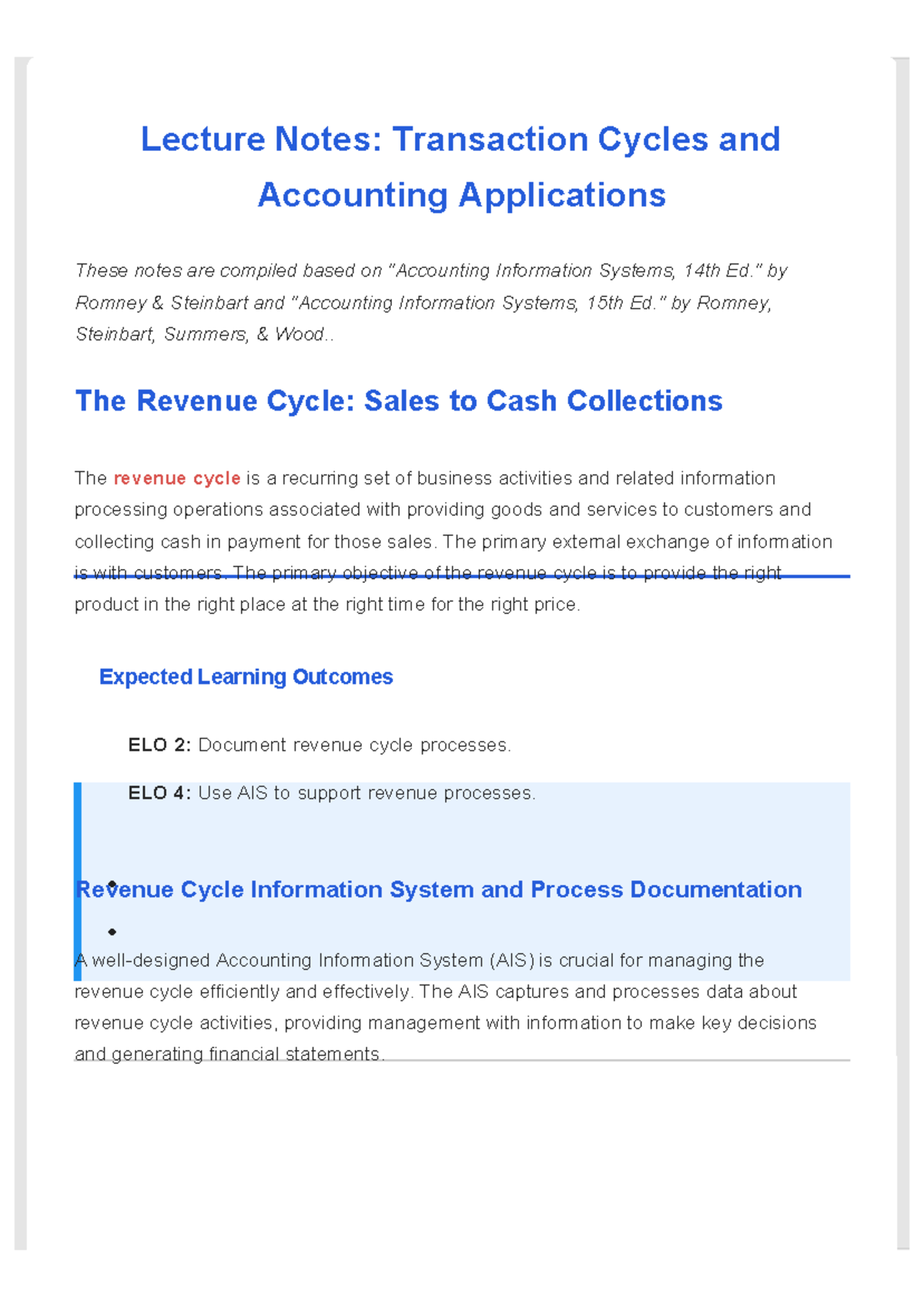 Lecture Notes: Transaction Processing Cycles & AIS Applications - Studocu