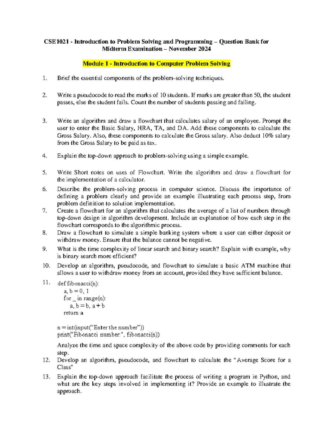 CSE1021 Midterm Exam Question Bank: Problem Solving & Programming - Studocu