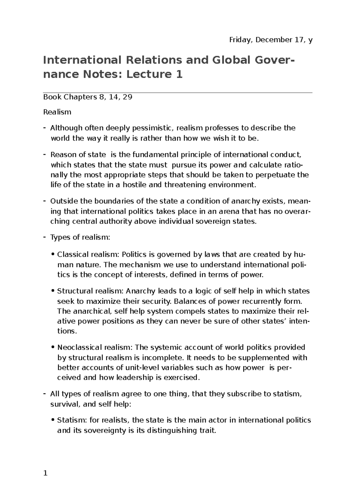 International Relations and Global Governance: Lecture 1 Notes ...