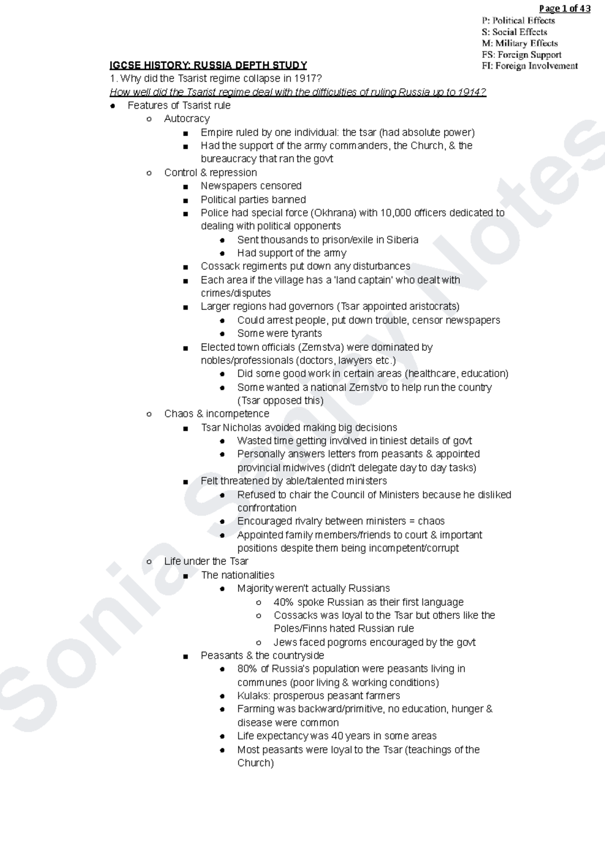 Russia History Depth Study B: IGCSE Exam Notes on Tsarist Regime ...