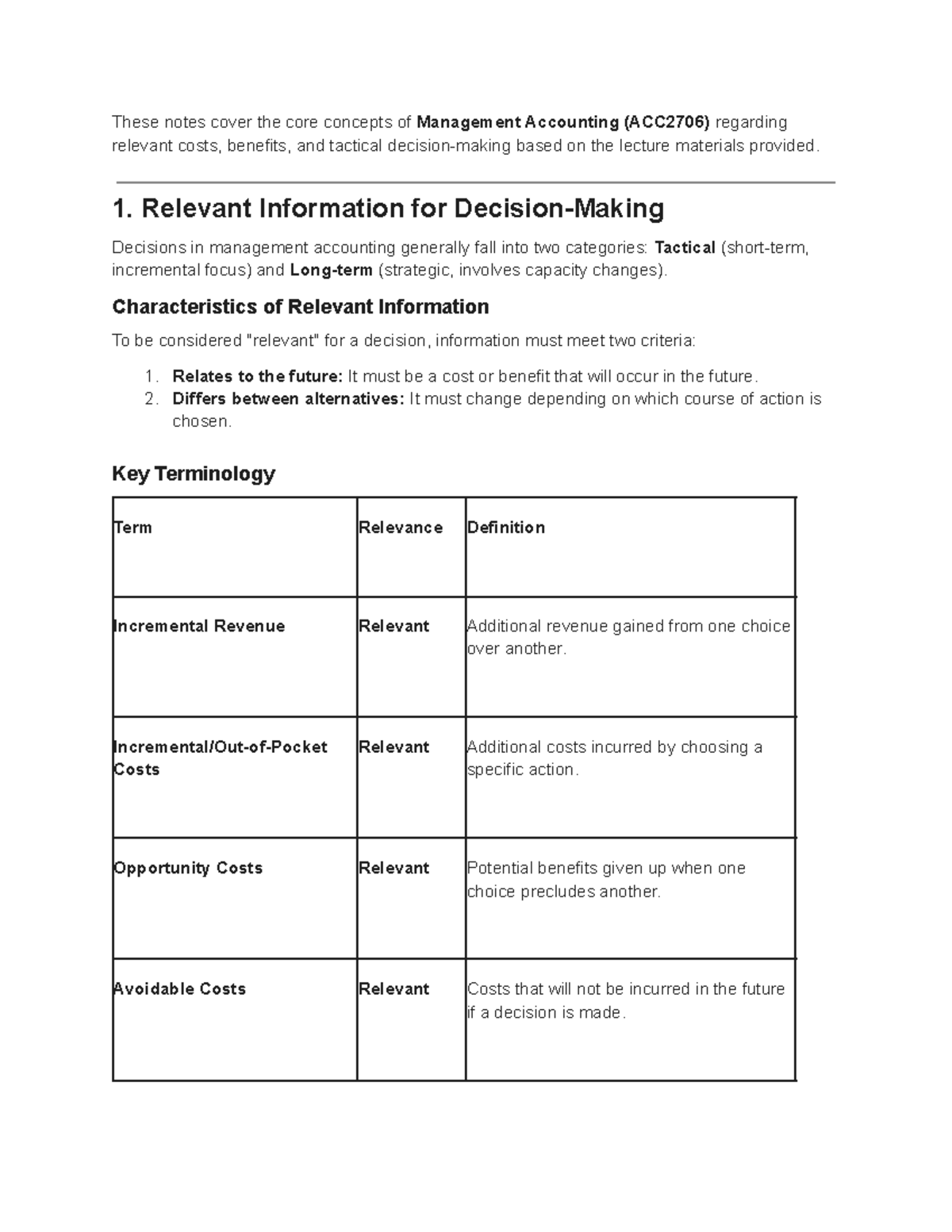 Management Accounting (ACC2706) Lecture Notes on Relevant Costs and ...