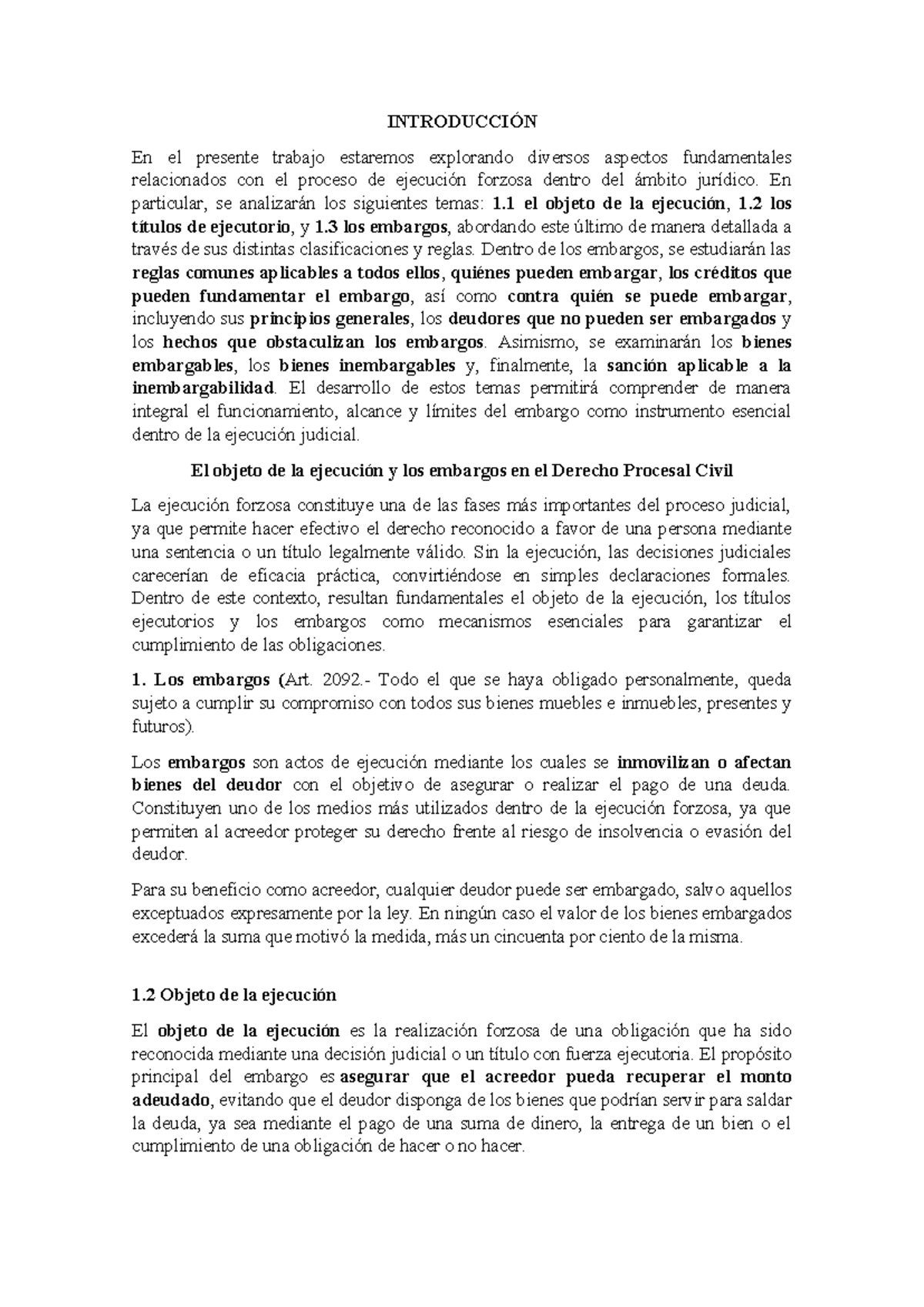 El objeto de la ejecución y embargos en Derecho Procesal Civil - Studocu