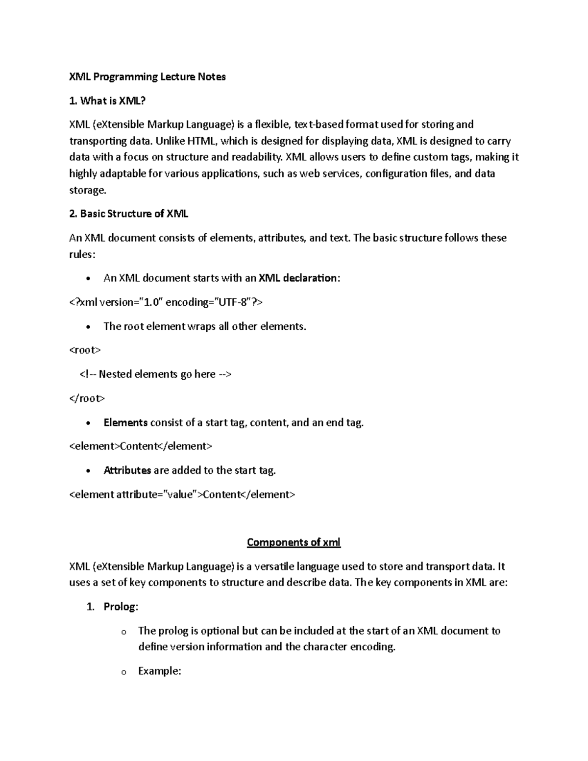 XML Programming Lecture Notes: Understanding XML Basics and Advantages ...