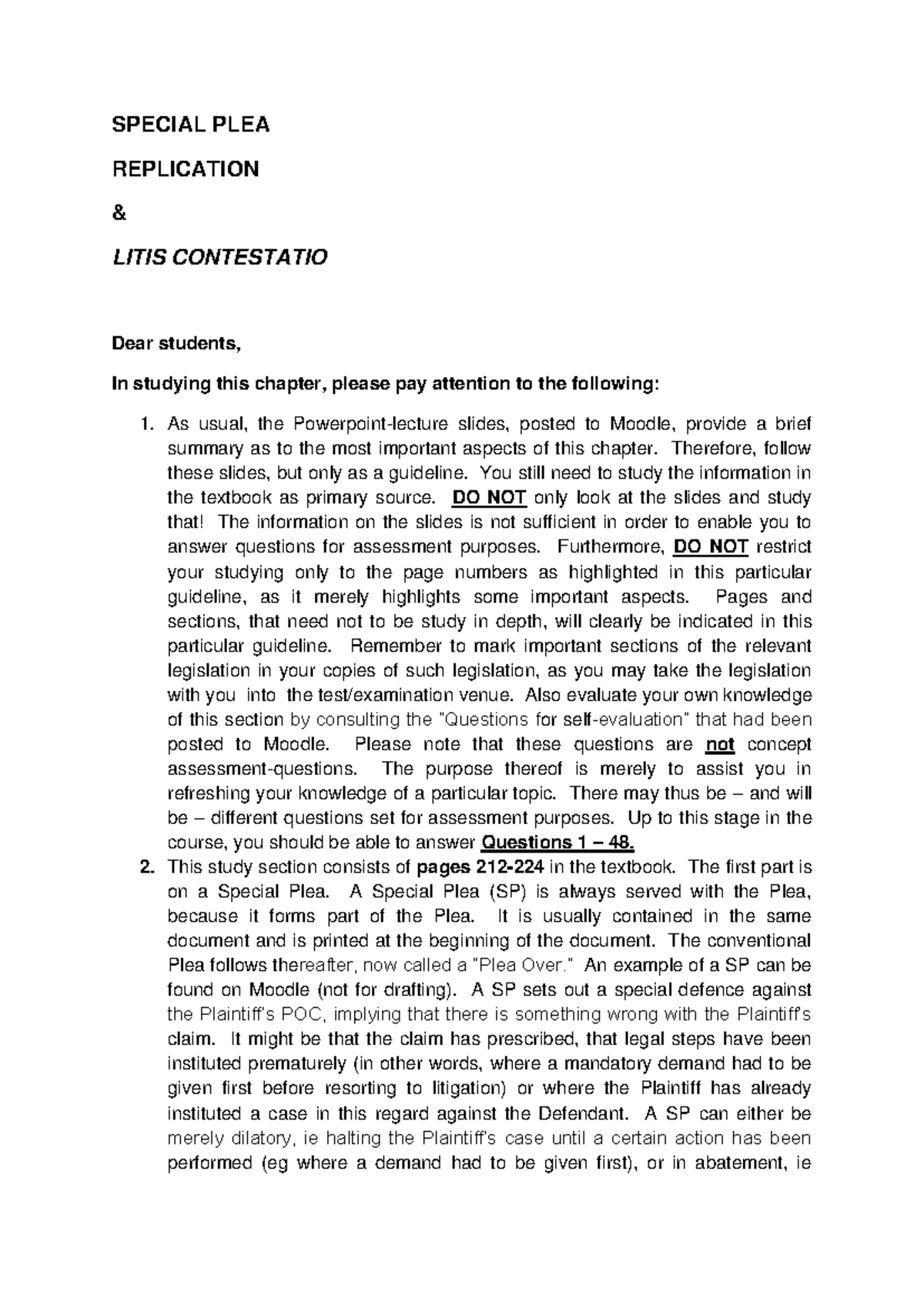 Special Plea, Replication & Litis Contestatio Guidelines for Students ...