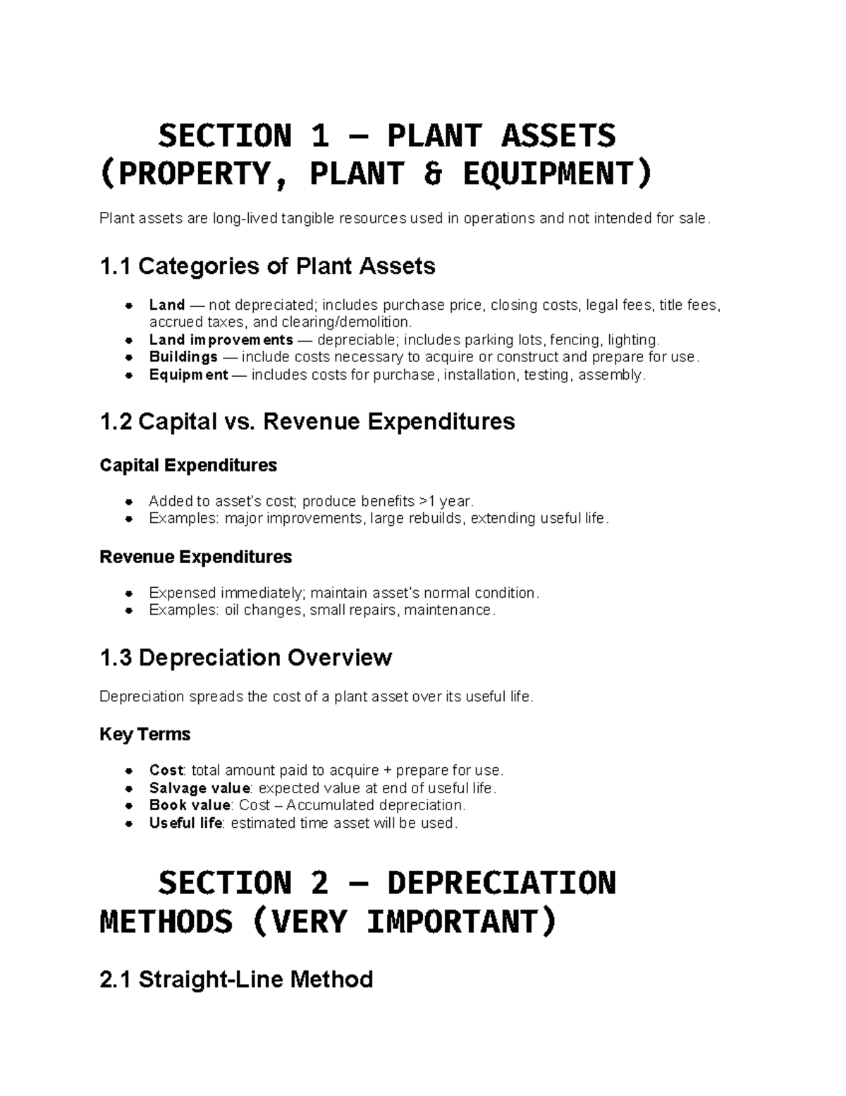 Accounting Study Guide: Plant Assets, Depreciation & Cash Flows - Studocu