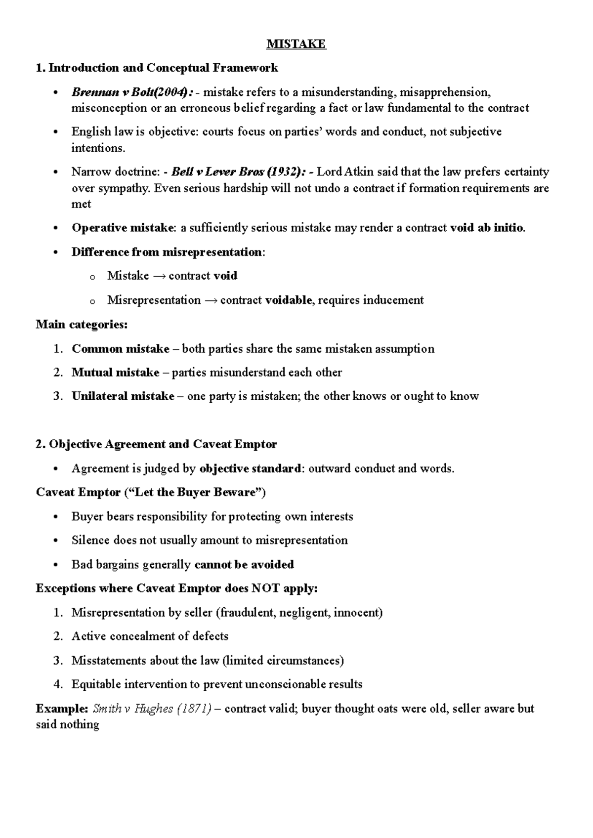 MIST 101: Study Notes on Mistakes in Contract Law - Studocu