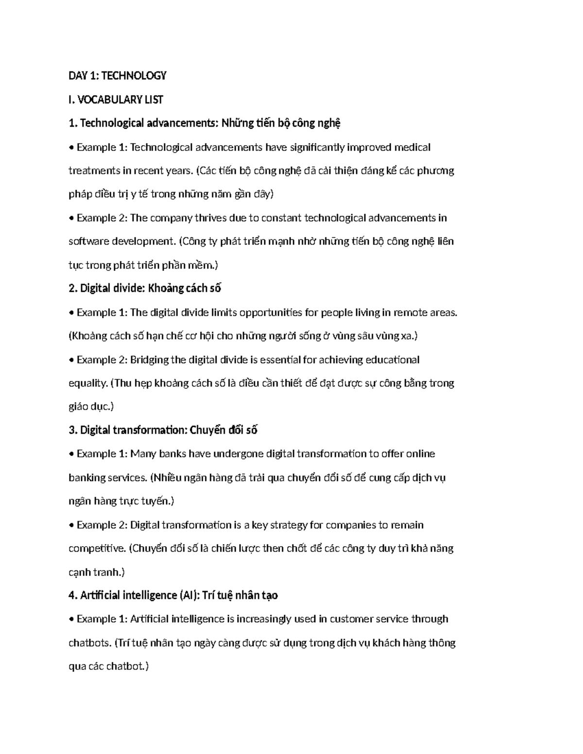 DAY 1: TECH VOCABULARY LIST & EXAMPLES - Studocu