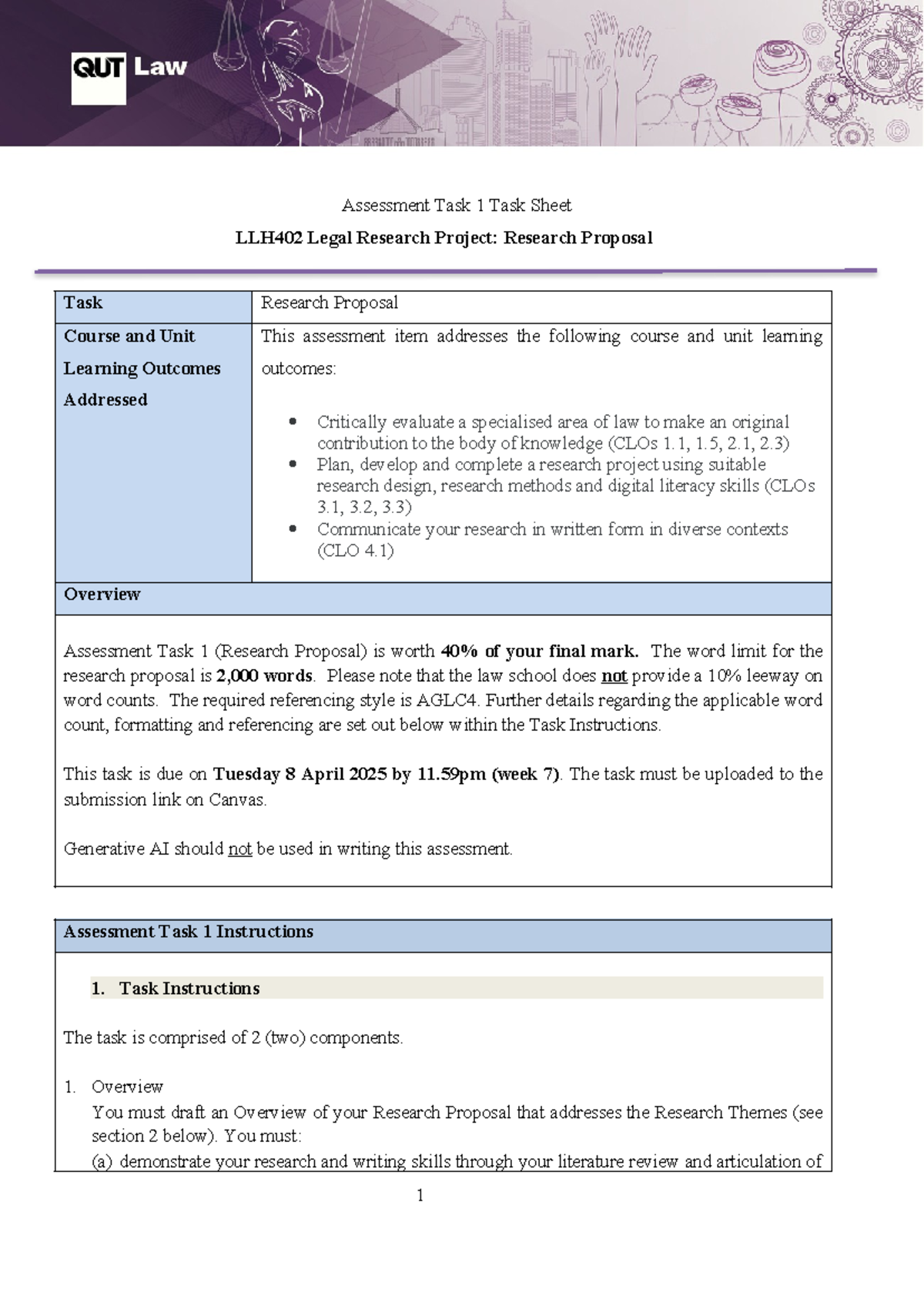 2025 1 LLH402 Assessment Task 1 - Assessment Task 1 Task Sheet LLH402 ...