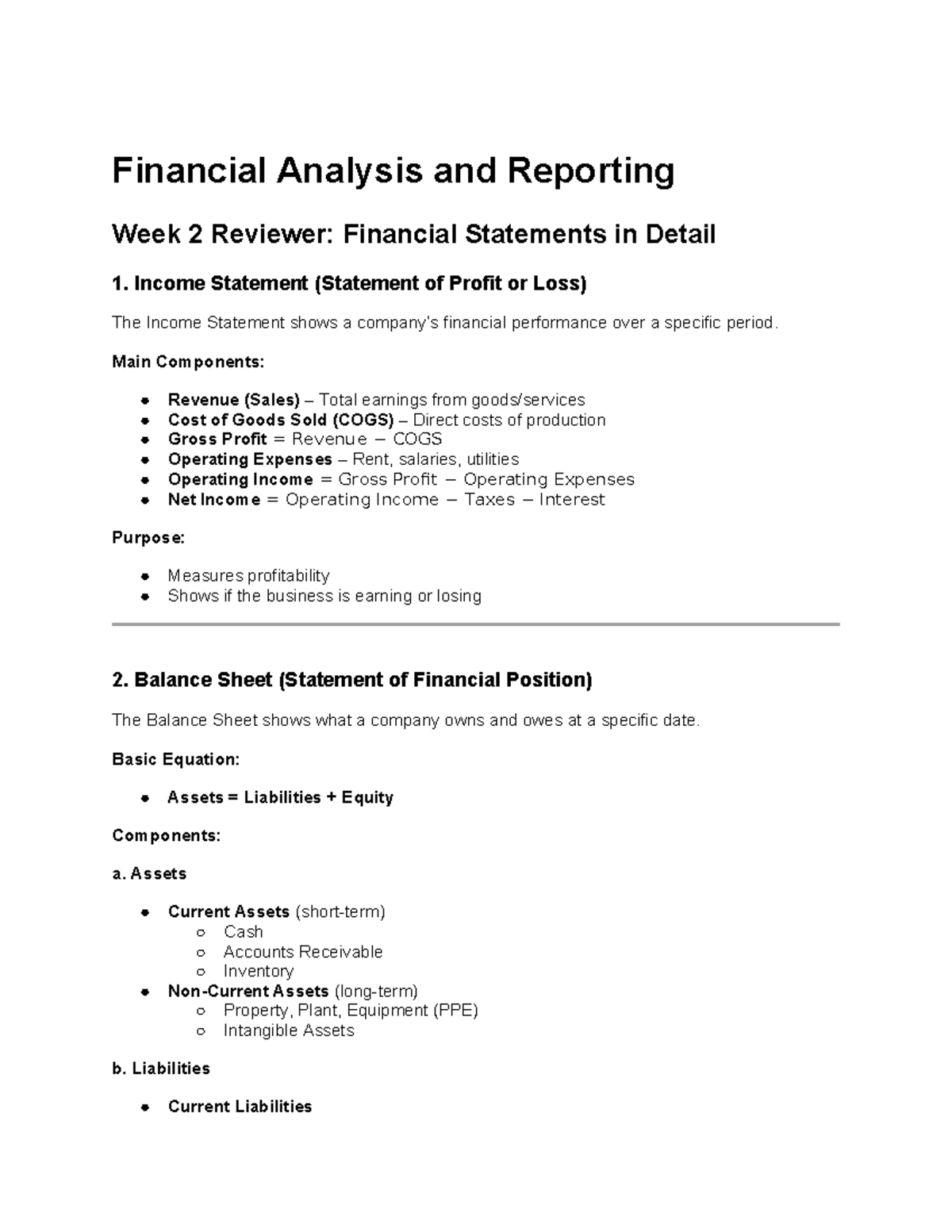 Financial Analysis & Reporting - Week 2 Review of Financial Statements ...