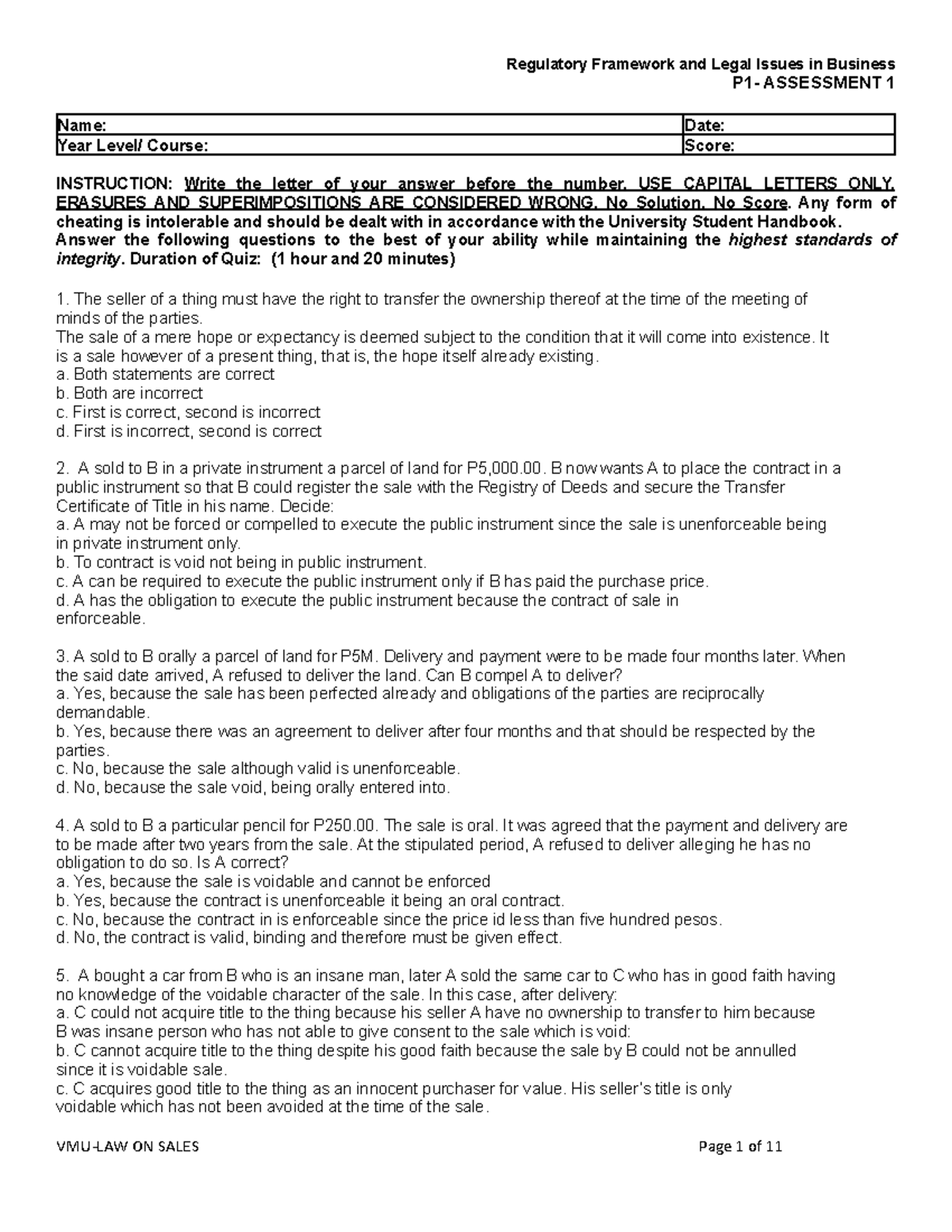 VMU P1 Regulatory Framework & Legal Issues in Business Assessment 1 ...