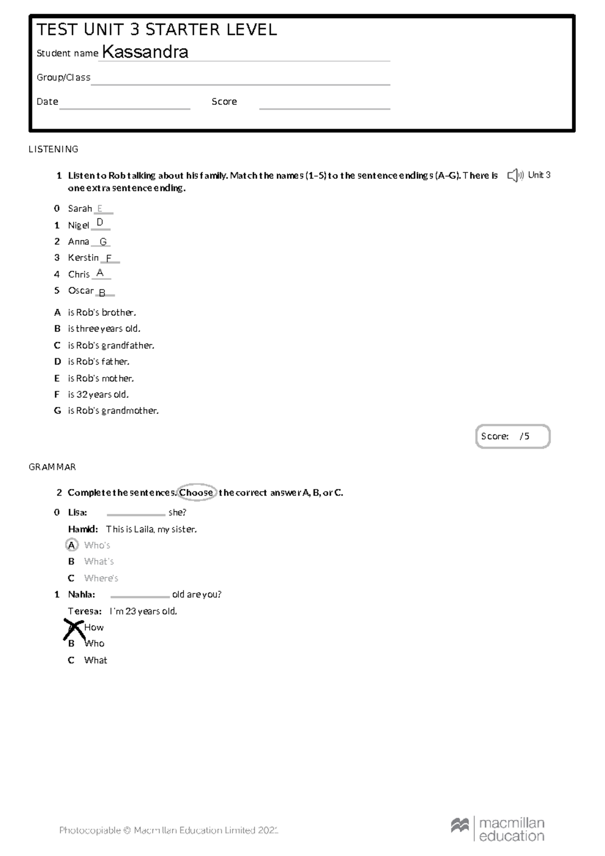 TEST UNIT 3 Starter (1) - Test - TEST UNIT 3 STARTER LEVEL Student name ...
