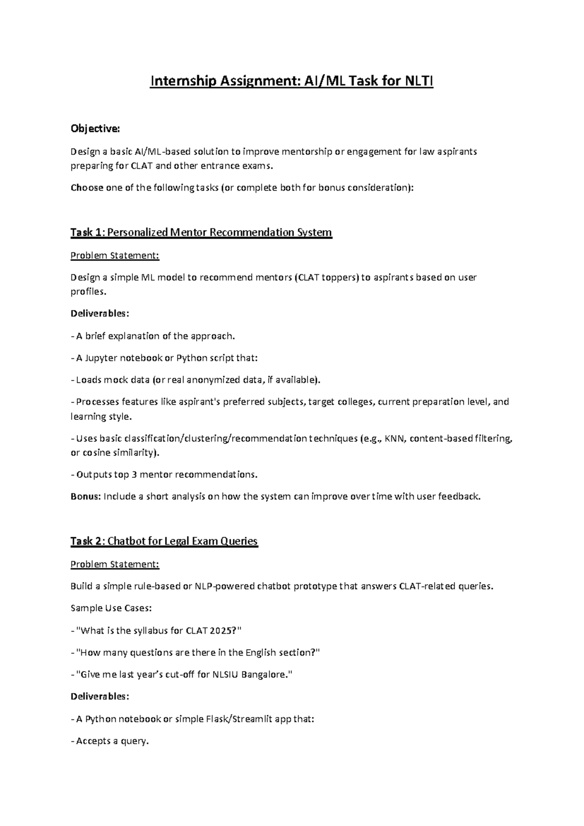 Internship Assignment: AI & ML Solutions for CLAT Mentorship & Queries ...