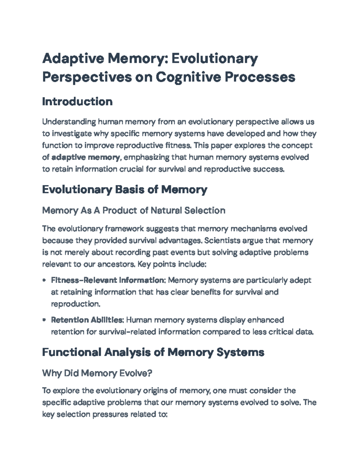 Adaptive Memory: Evolutionary Insights on Cognitive Processes ...