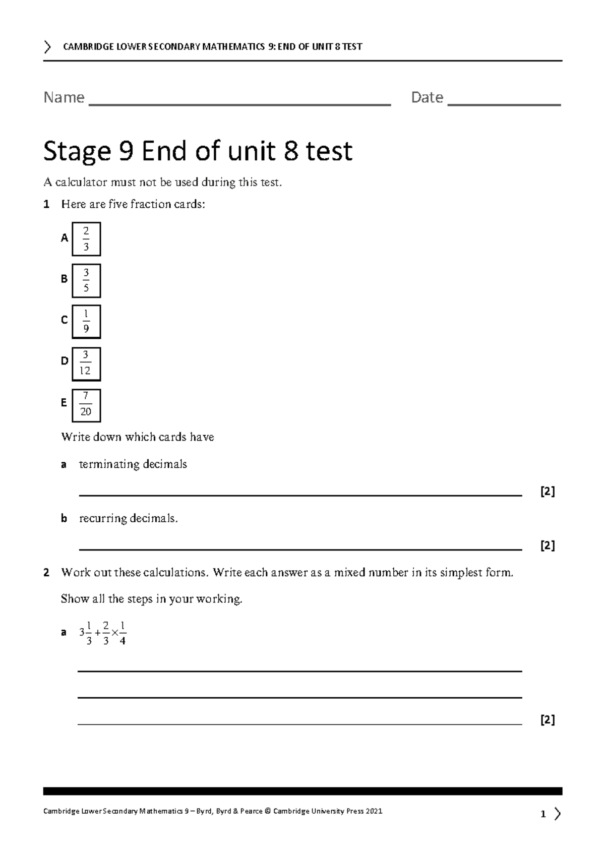 CAMBRIDGE LOWER SECONDARY MATHEMATICS 9: UNIT 8 TEST - Document Preview
