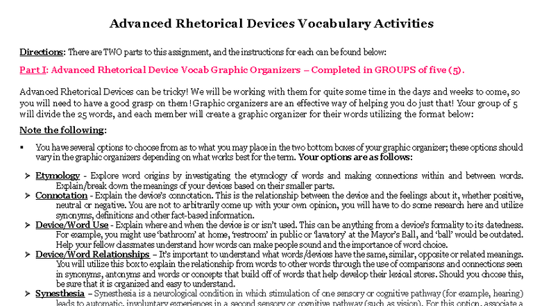 Advanced Rhetorical Devices Vocab Activities (Parts I & II) 2024-2025 ...