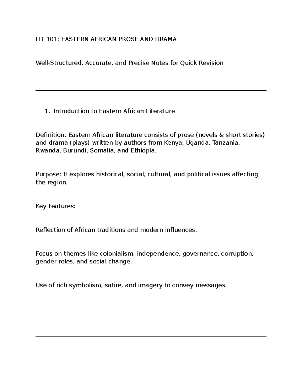 LIT 101: Comprehensive Revision Notes on Eastern African Prose & Drama ...