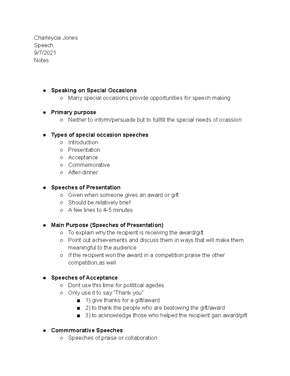 Special occassions speech notes spetember 7,2021 - Charleycia Jones ...
