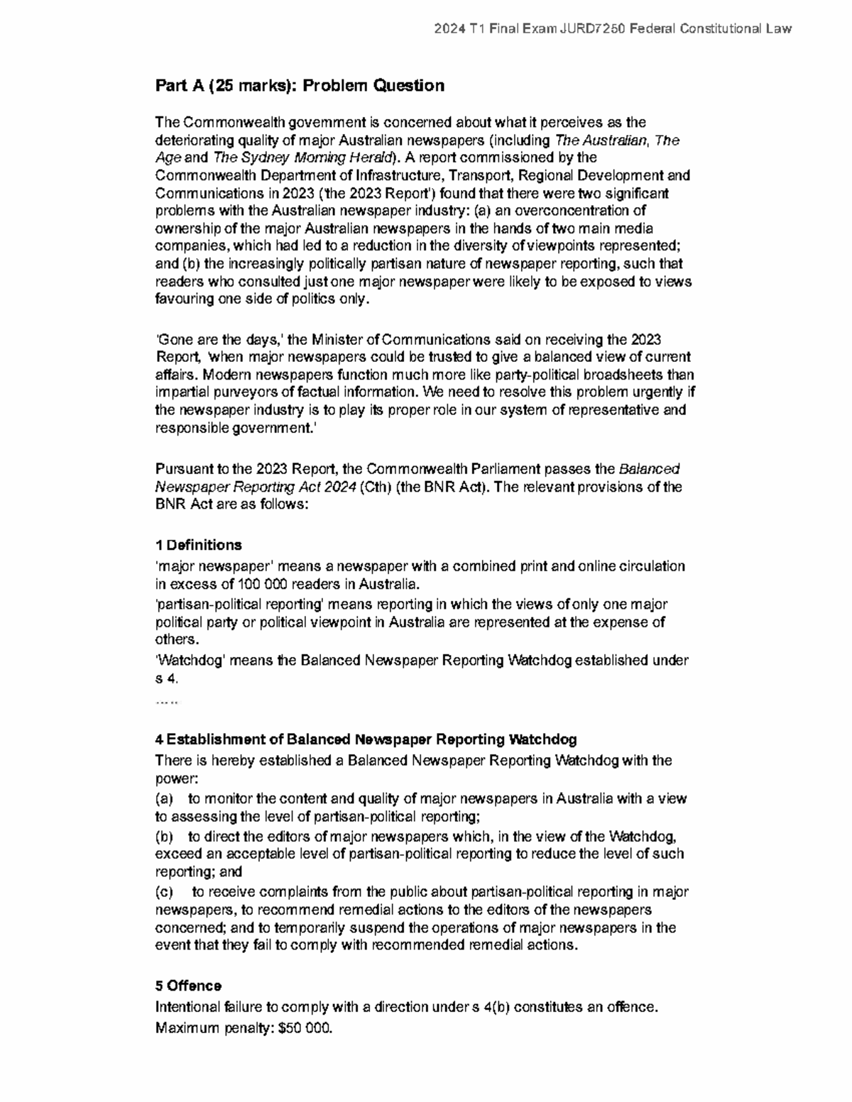 2024 T1 Final Exam JURD7250 Federal Constitutional Law Part A - Studocu