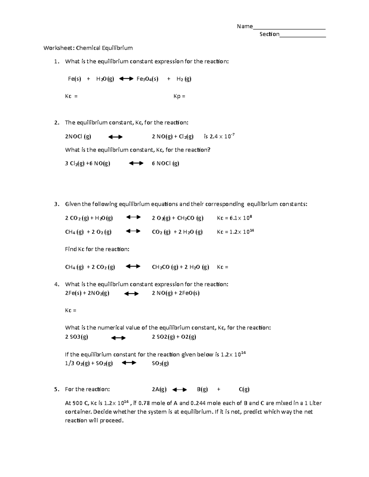 Multiple Equilibrium Practice: Worksheet on Kc and Kp Calculations ...