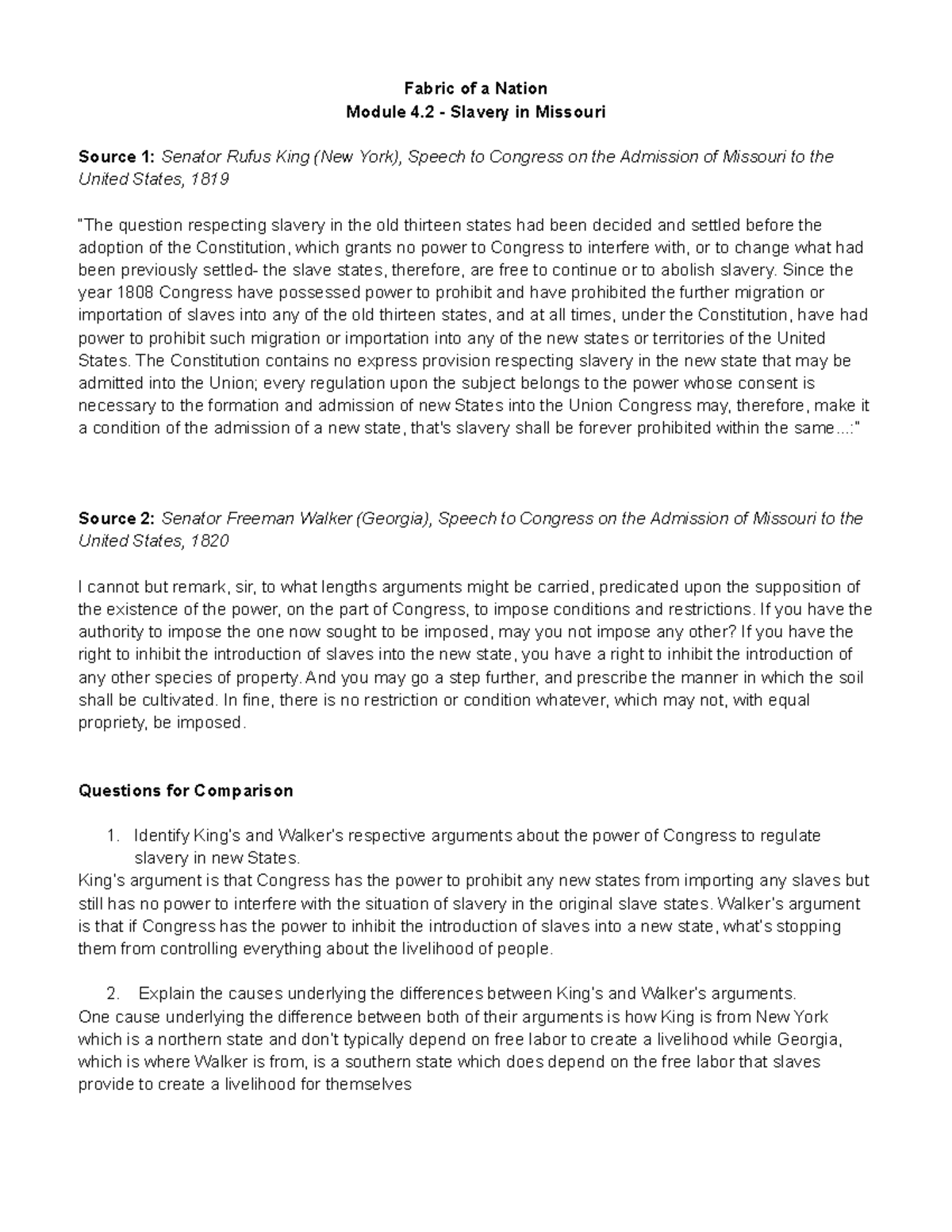 Missouri Compromise Analysis - Fabric of a Nation Module 4 - Studocu
