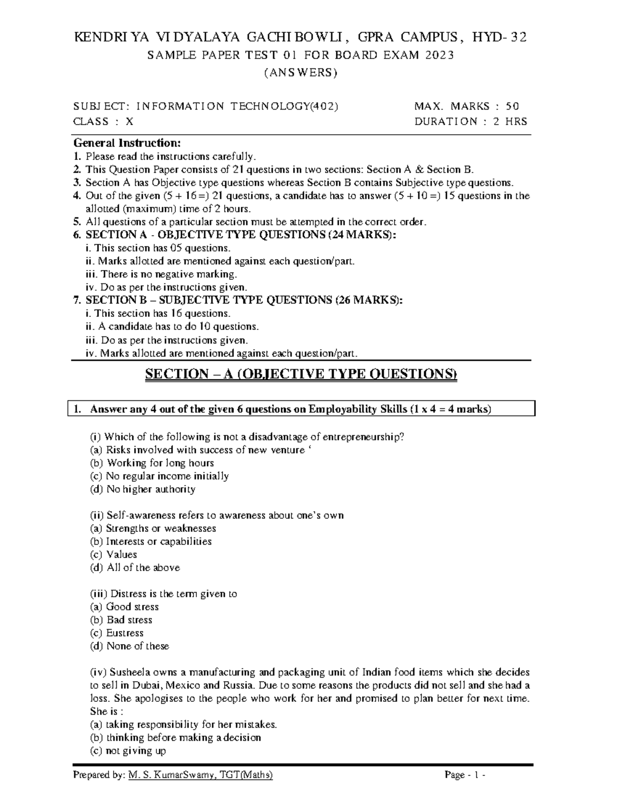 IT 402 Class X Sample Paper Test 01 for Board Exam 2023 (With Answers ...
