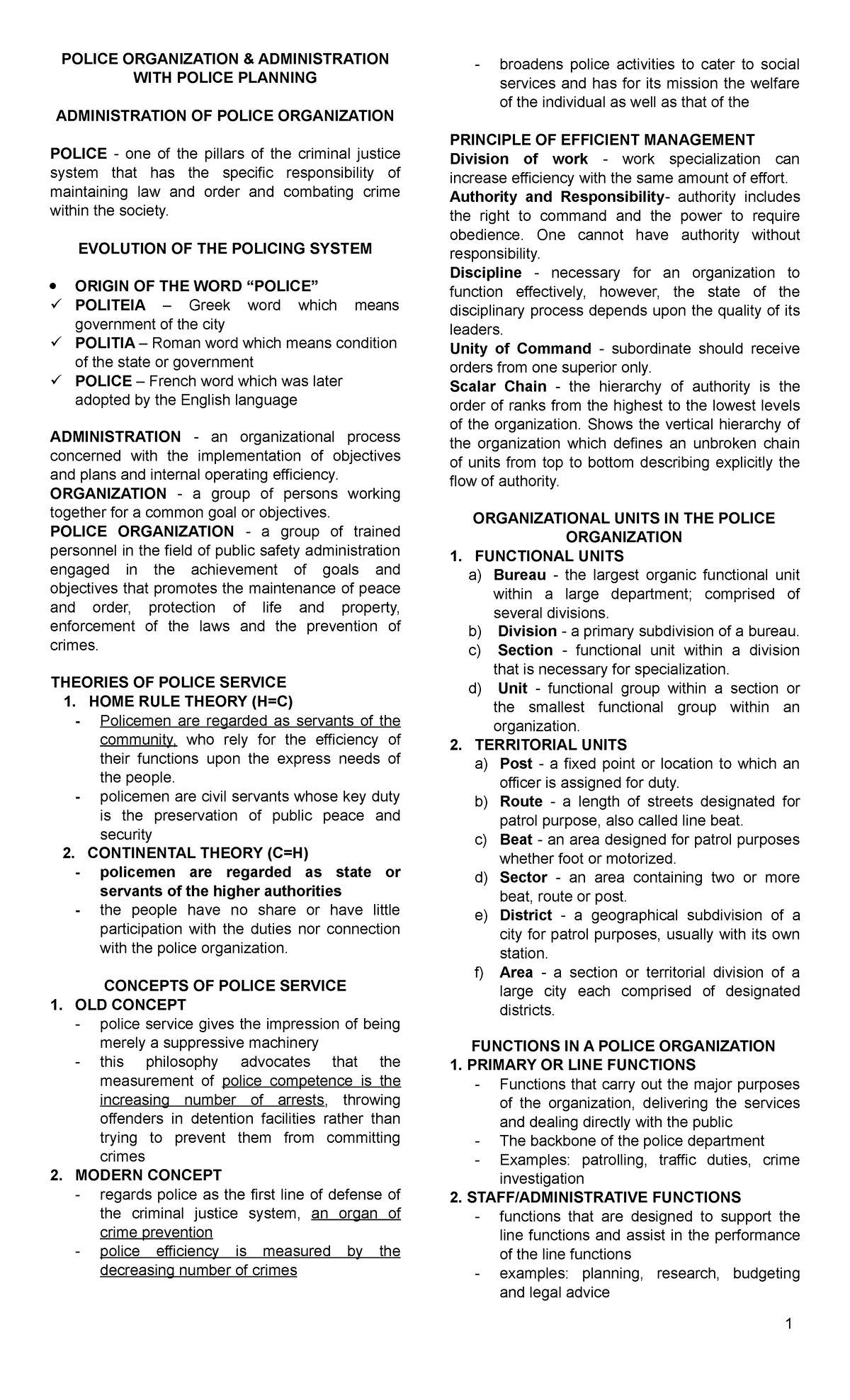 Lea-1 - Lecture Notes on Police Organization & Administration - Studocu