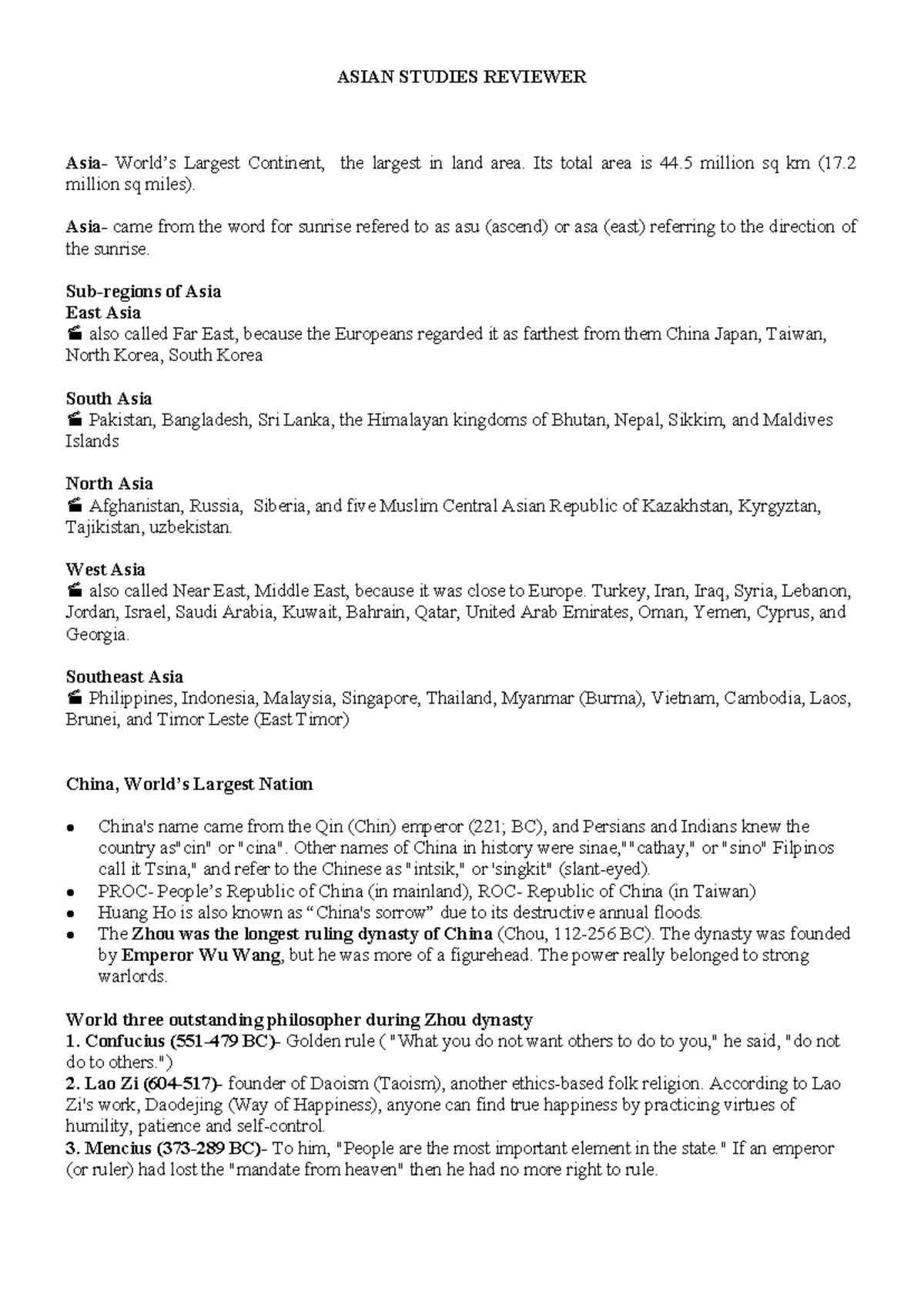 ASIAN STUDIES REVIEWER: Overview of Asia's Regions and Cultures - Studocu