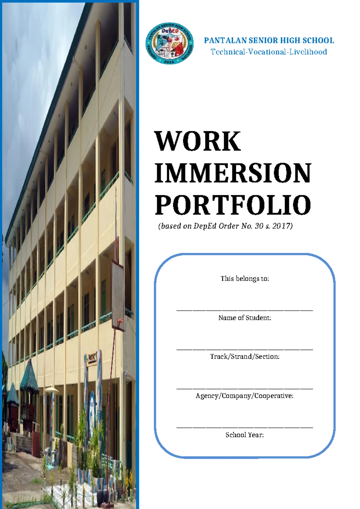PANTALAN SENIOR HIGH SCHOOL WORK IMMERSION PORTFOLIO (DepEd Order No ...