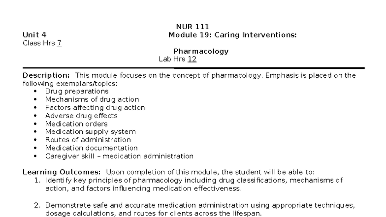 Unit 4 NUR Module 19: Pharmacology Lab & Caring Interventions - Studocu