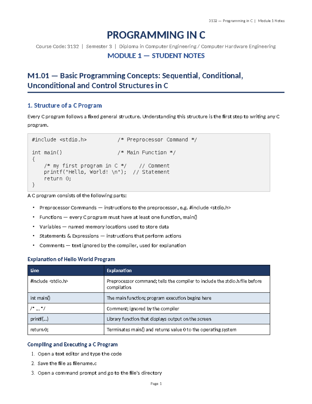 3132 Programming in C Module 1: Basic Concepts and Structures - Studocu