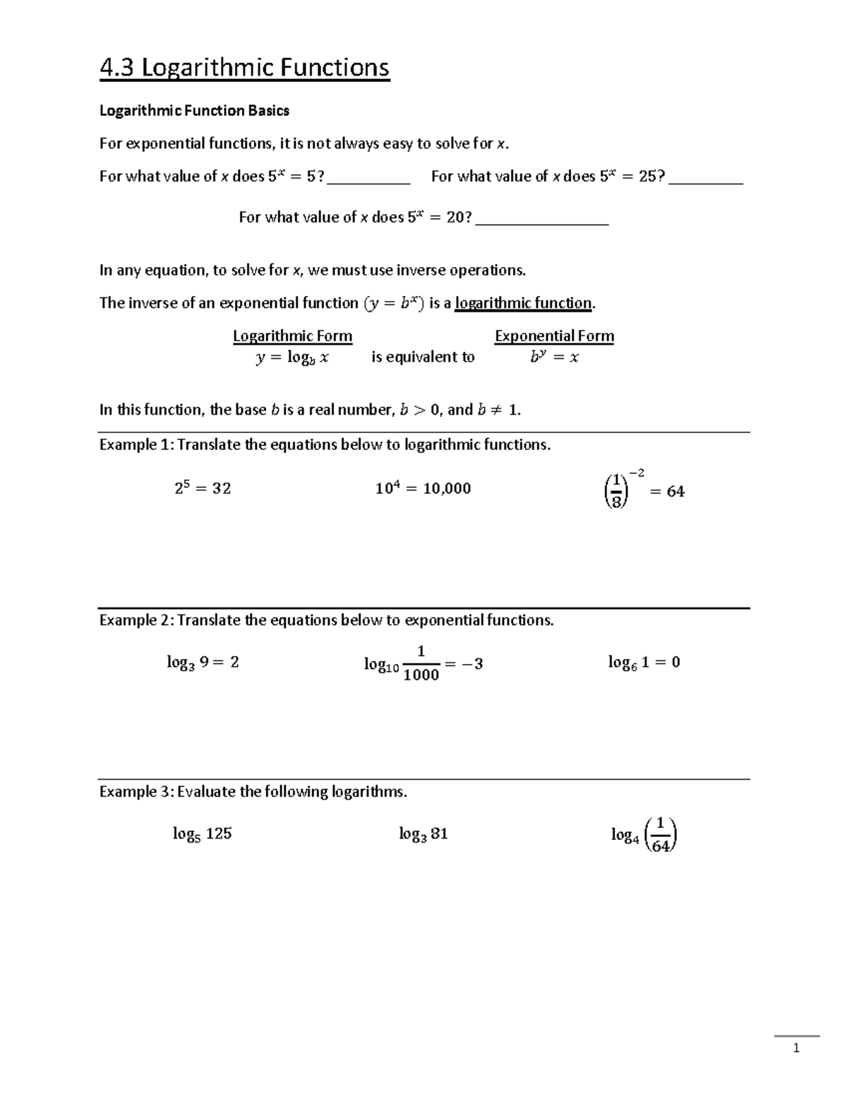4.3 Logarithmic Functions Lecture Notes and Exercises - Studocu