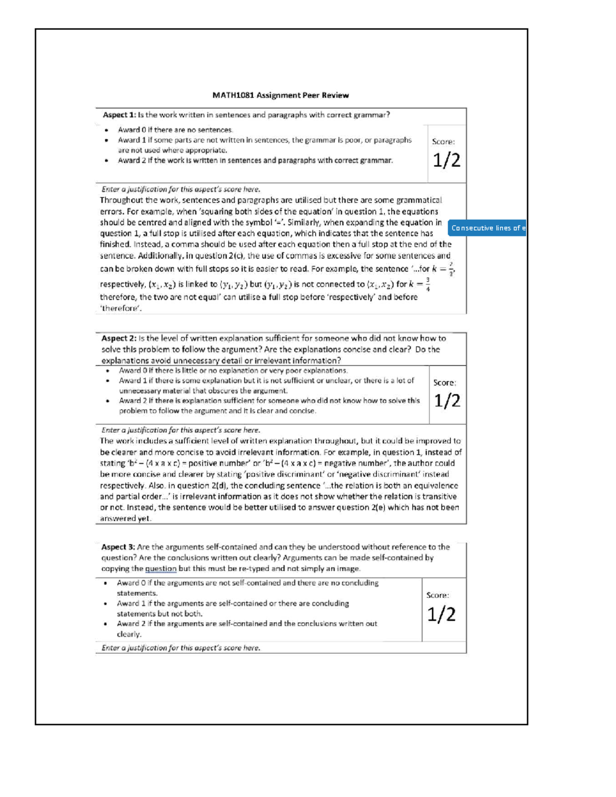 Math1081 Peer Review Assignment Feedback and Rubric Analysis - Studocu