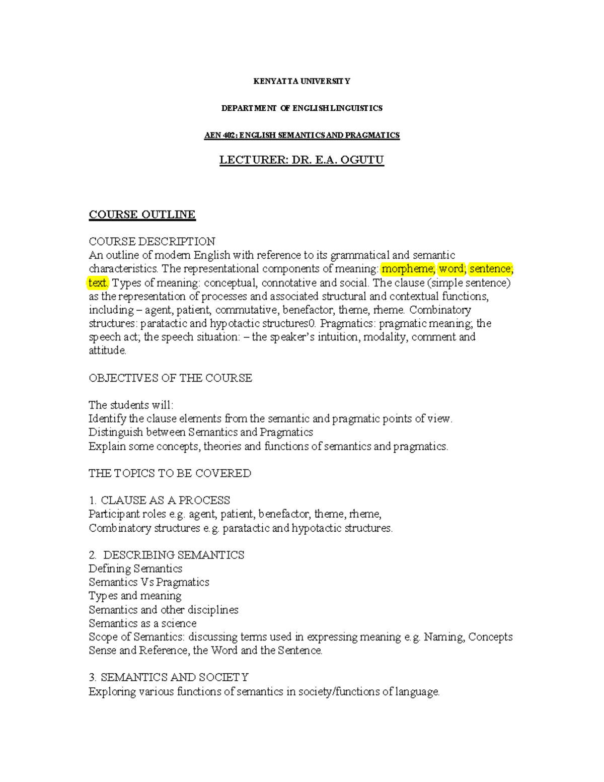 AEN 402 Lecture Notes: English Semantics and Pragmatics Overview - Studocu