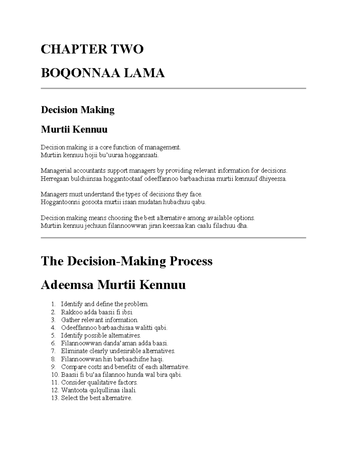 CHAPTER TWO: Decision Making Process and Relevance in Management - Studocu