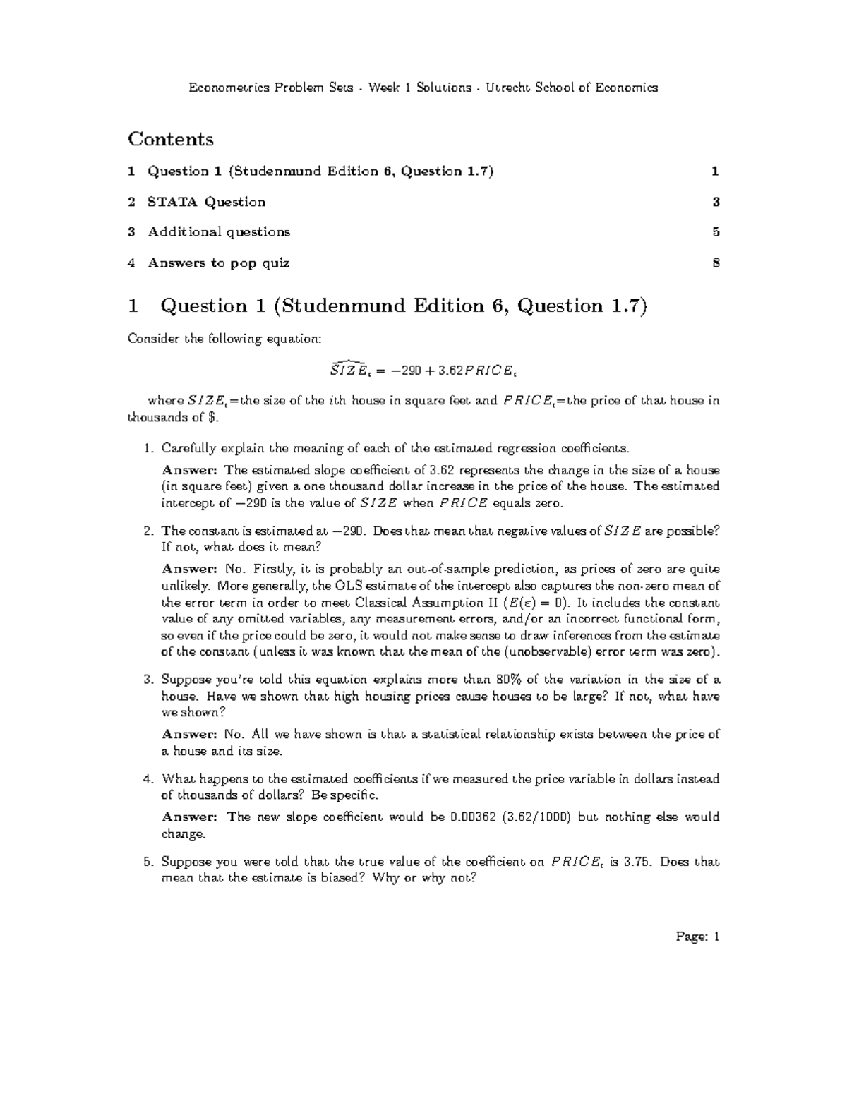 Week 1 Solutions for Regression Analysis (Course Code: ECON101 ...