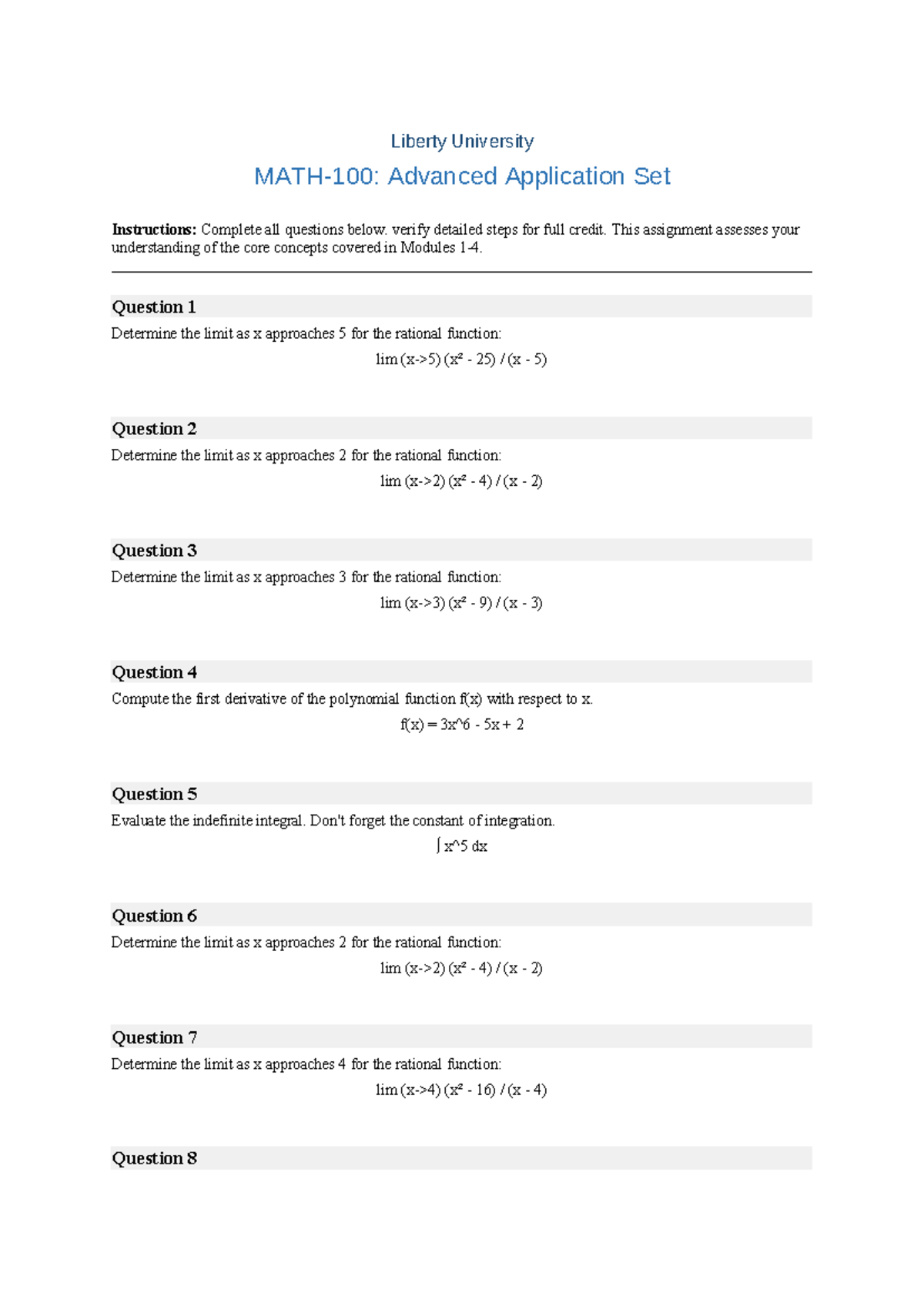 Calculus Advanced Application Set Instructions (Course Code: 67367997 ...