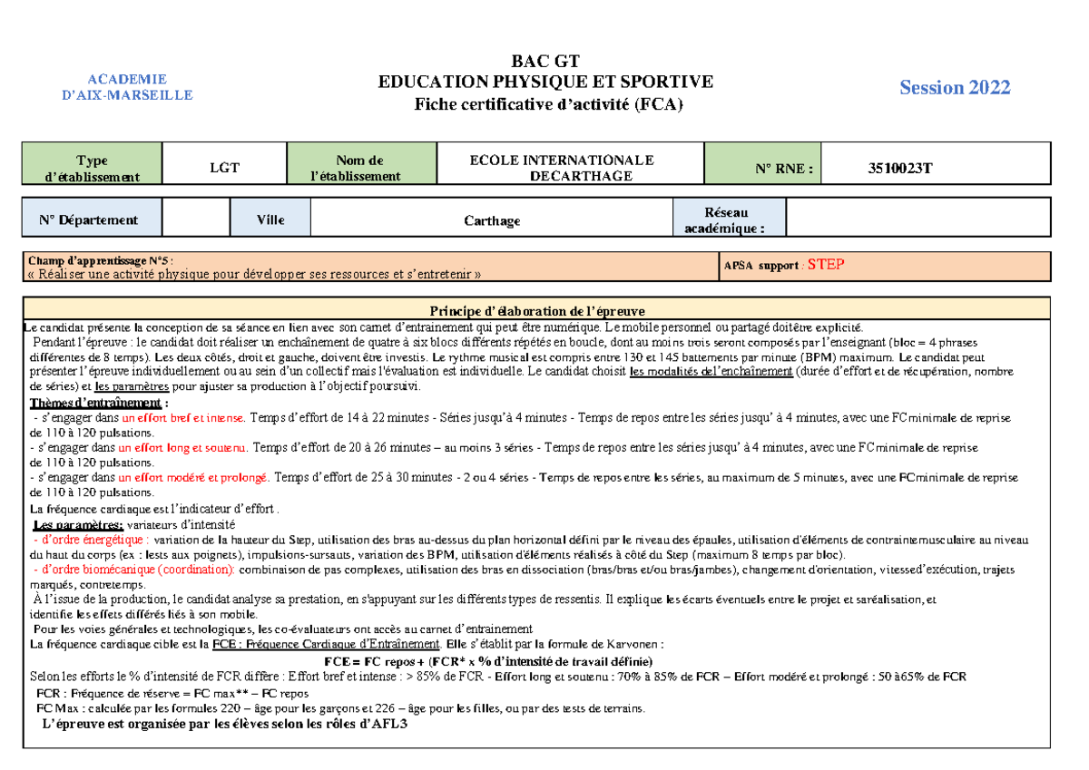 Fiche Certificative FCA CA5 STEP - BAC GT Éducation Physique 2022 - Studocu