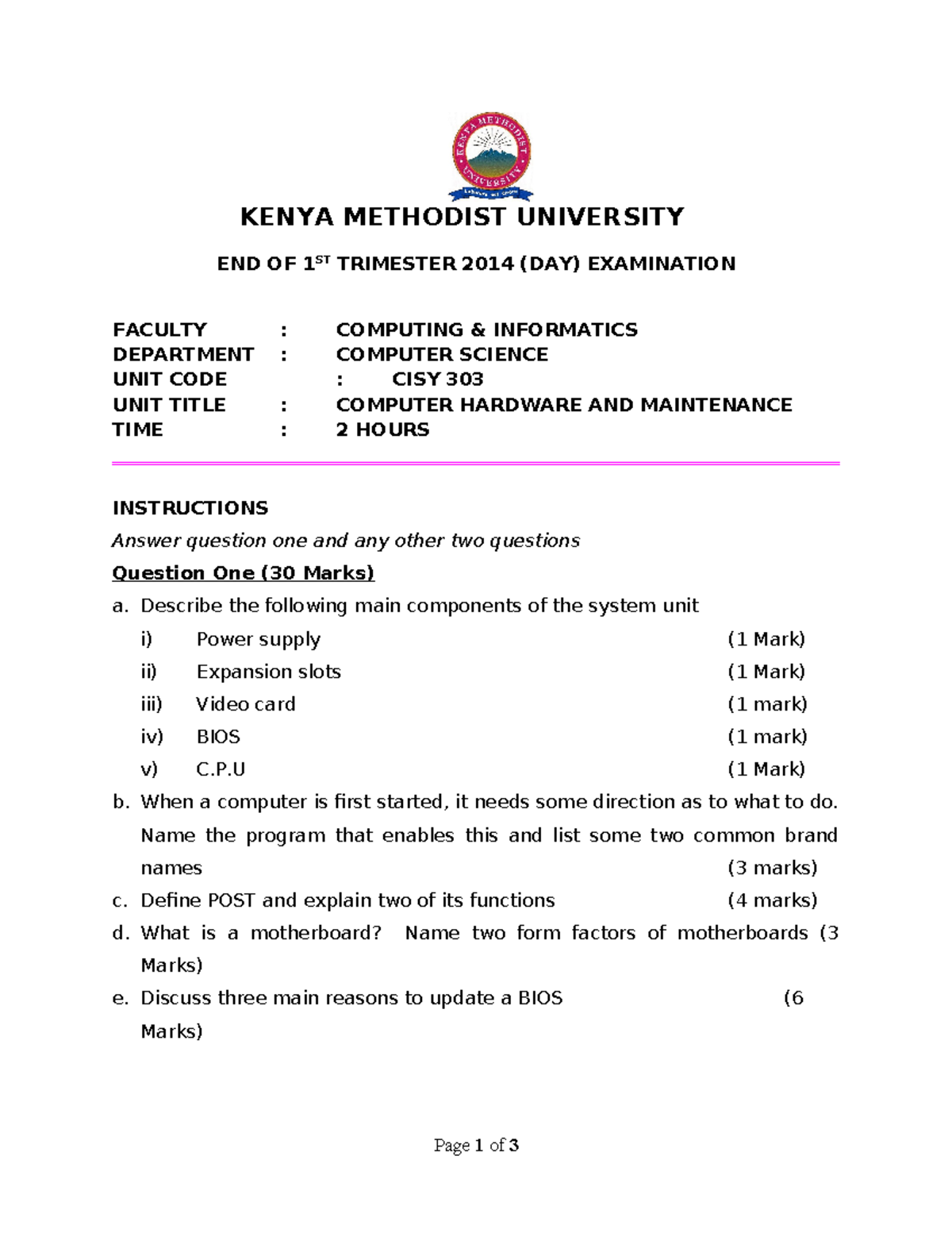 CISY 303 - Computer Hardware AND Maintenance - KENYA METHODIST ...