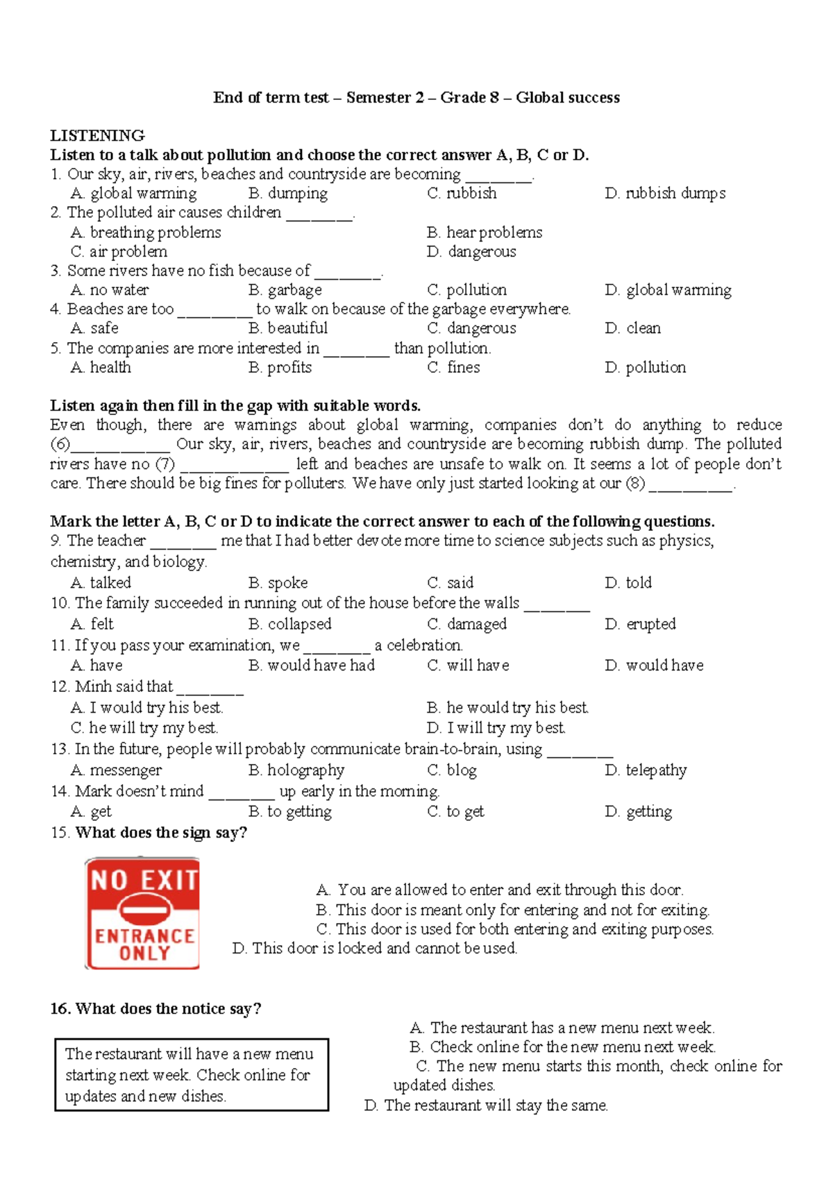 E8 Final Exam Semester 2 - Listening Comprehension on Pollution - Studocu