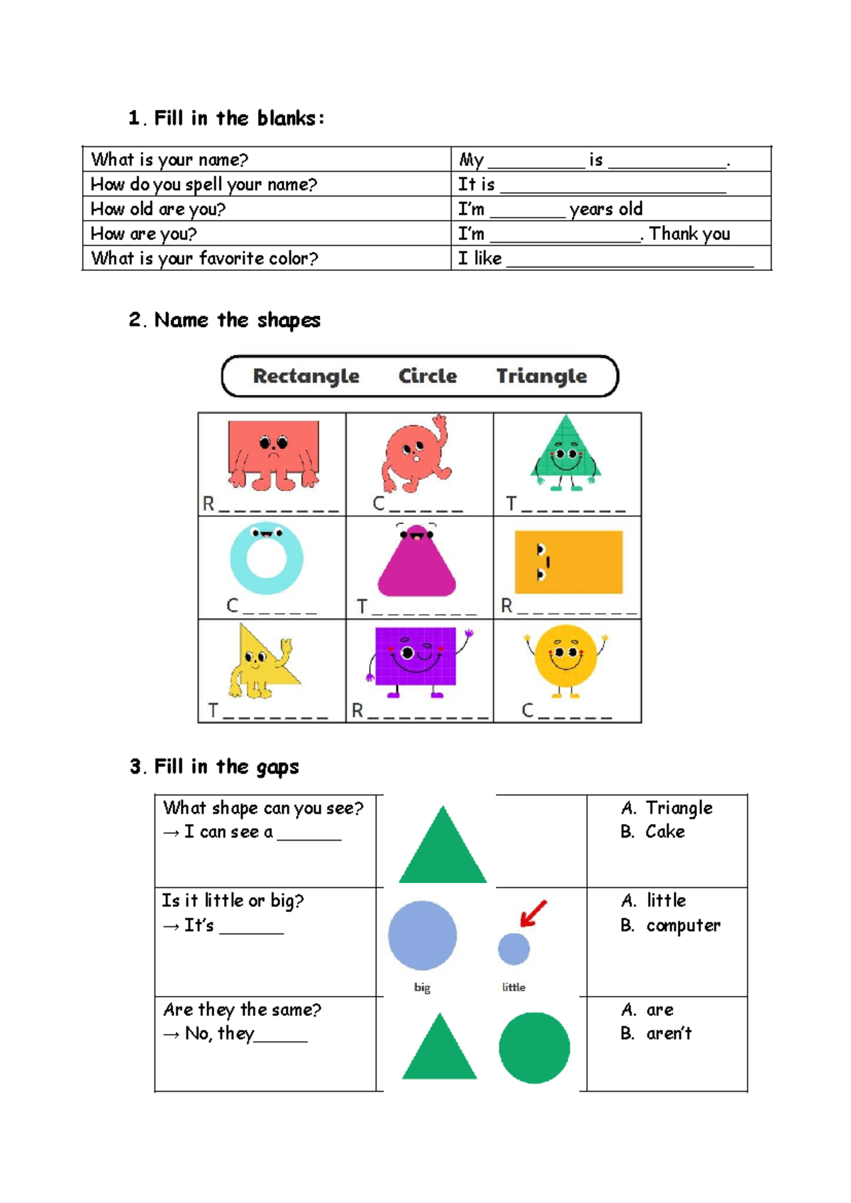 PS.T2A, ORD 6, 12 - Homework: Fill in the Blanks & Shapes Activities ...