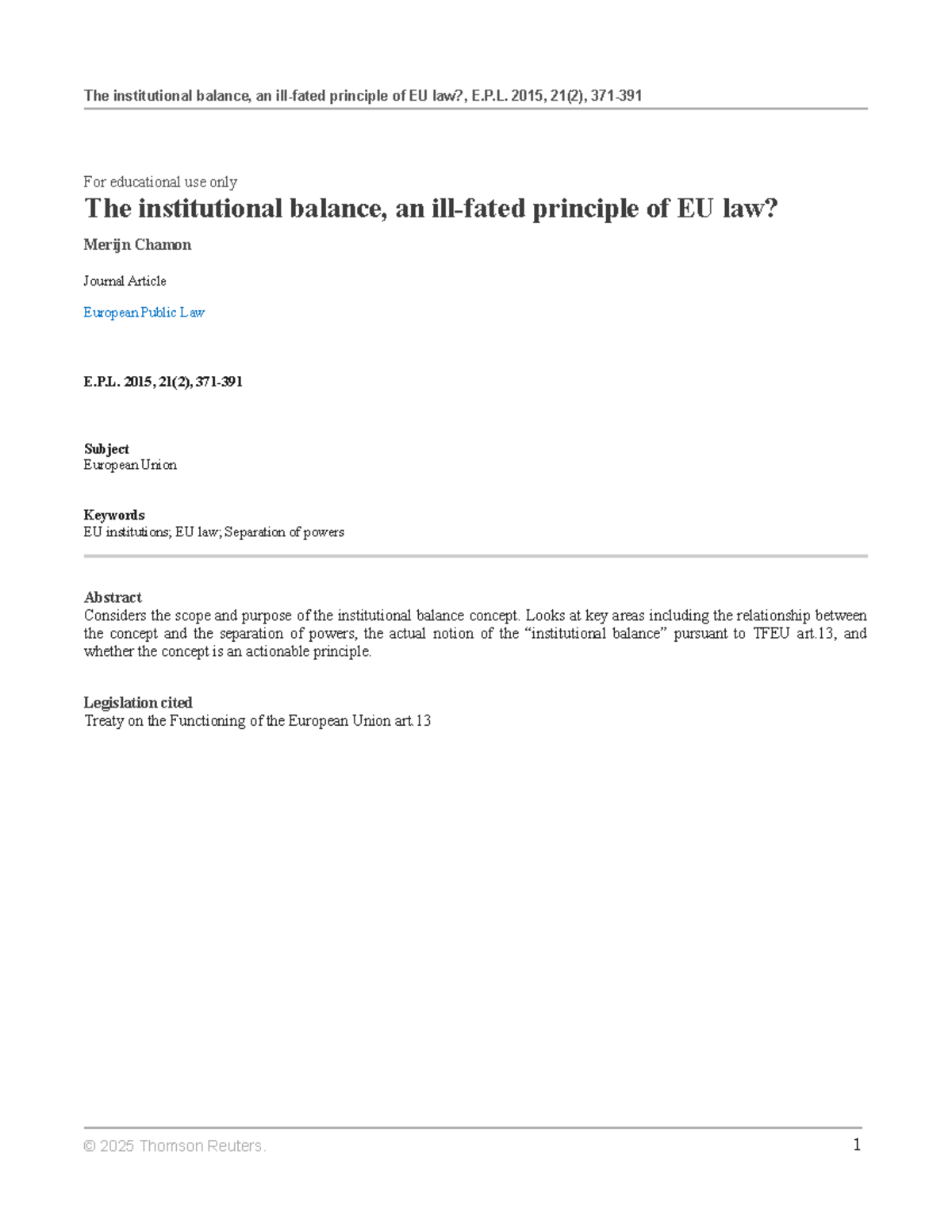 The institutional balance an ill-fated principle of EU law - P. 2015 ...