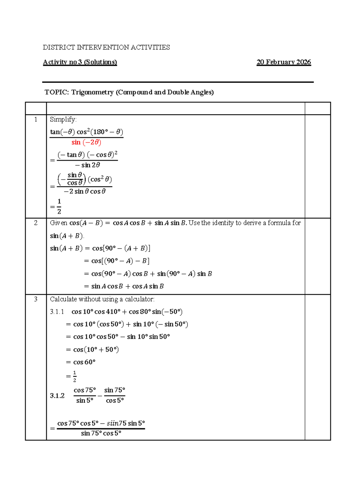 Class Activity 3: Trigonometry Solutions (Compound & Double Angles ...